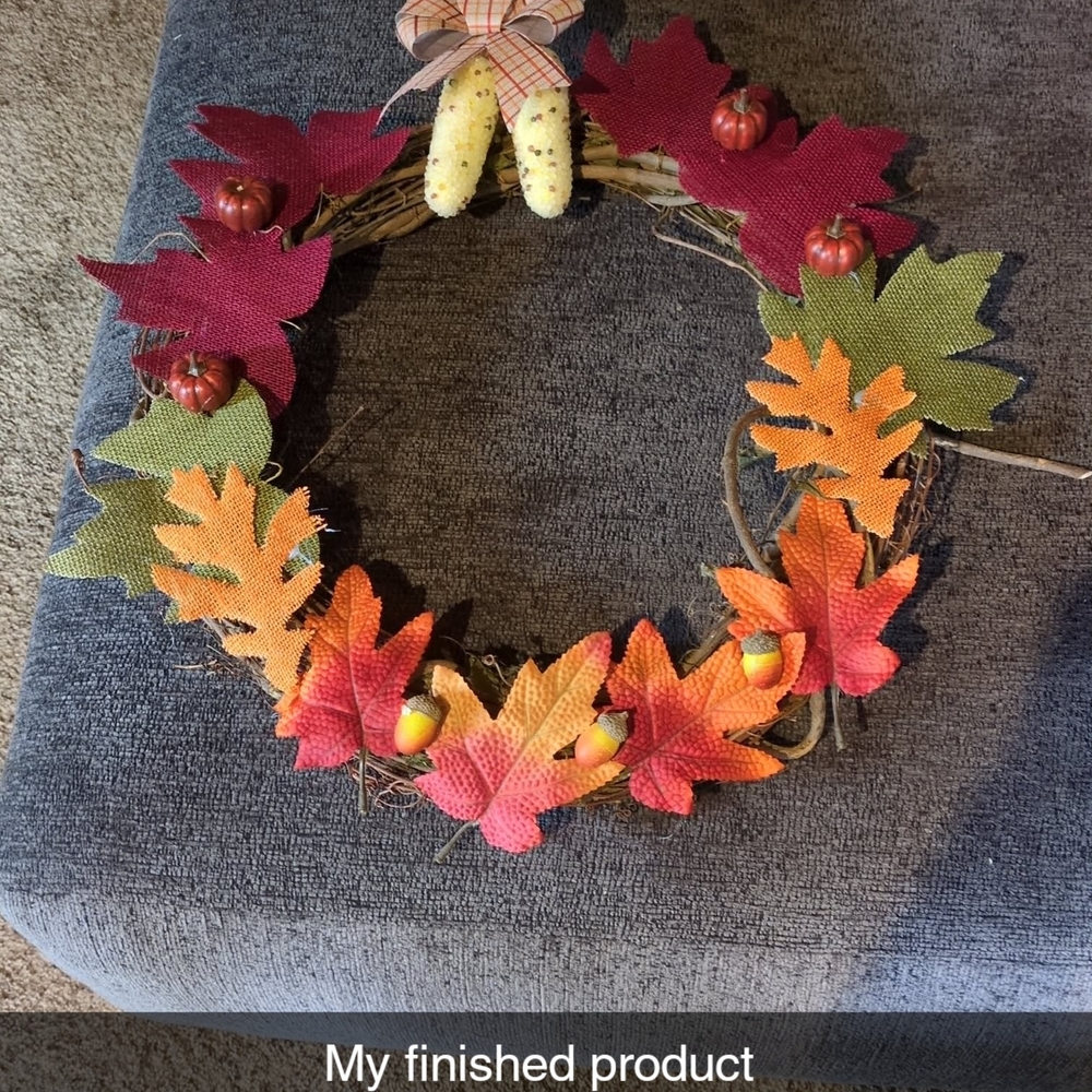 Autumn Leaf Wreath with Pumpkins and Corn Accents